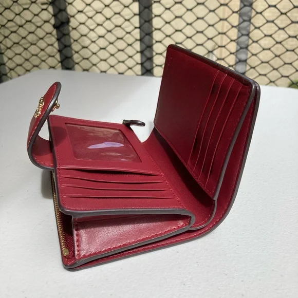 Coach Signature Medium Corner Zip Wallet Khaki Brown Tan Cherry Red Snap Button - Picture 9 of 17